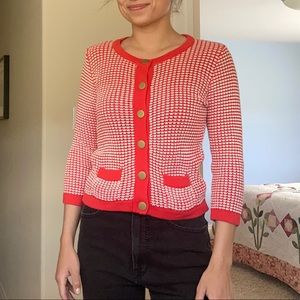 Red and white checkered button down sweater/ cardigan.